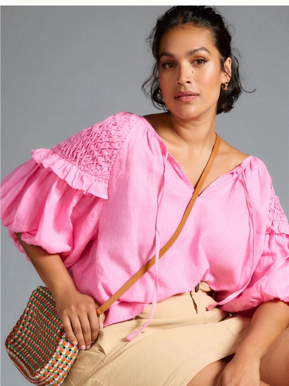 Women’s Bright Pink Smocked Yoke Peasant Blouse